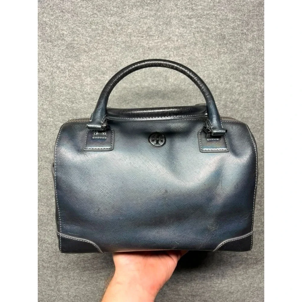 Tory Burch Black Leather Satchel Doctor Bag Top Handle Structured Purse